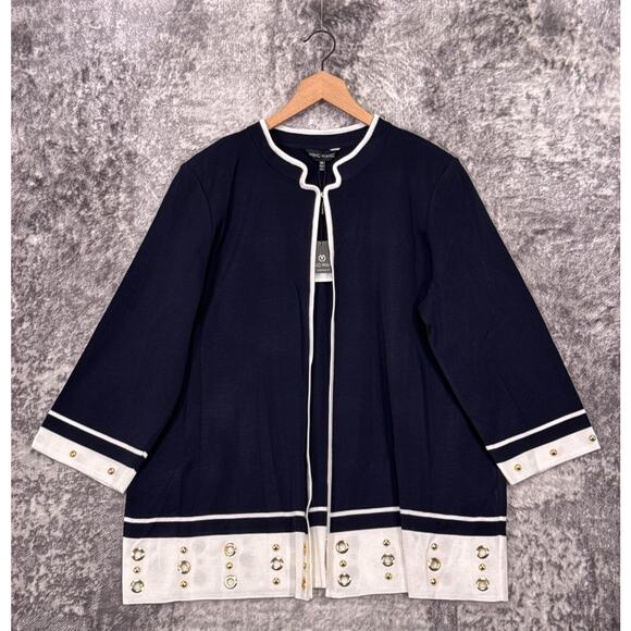 Ming Wang Jacket 2X Womens Navy Blue Piped Gold Grommet Open Front - Picture 1 of 8